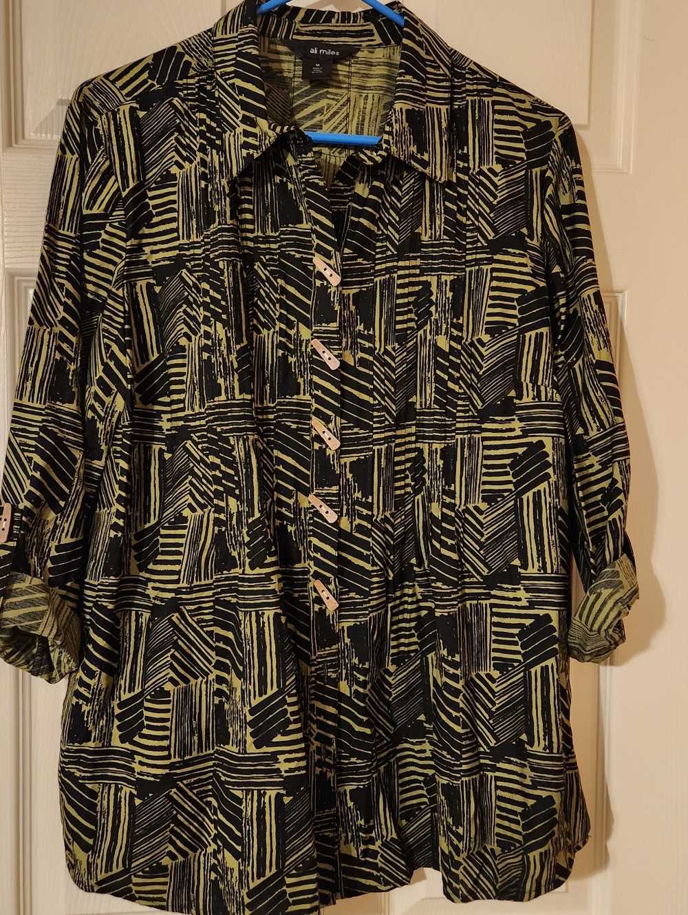 Ali Miles NWT Black Green 3/4 Roll Tab Sleeve Button Front Tunic M Lagenlook Art